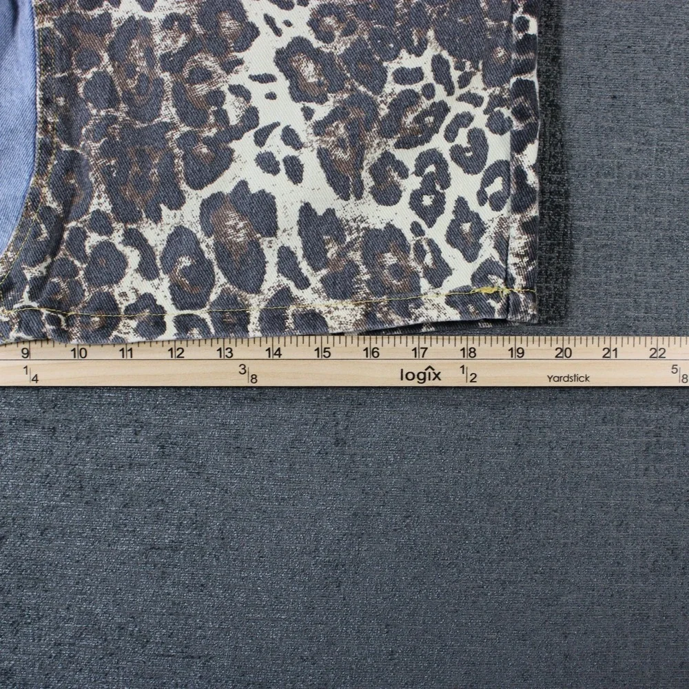 Arkling Womens XL Denim Mini Skirt Two Tone Leopard Print Blue‎ Light Wash Split